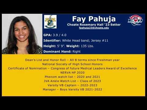 Video of Fay Pahuja- Choate Rosemary Hall; Class of 2023; Setter; Jersey #11 EVA 18's Elite Philly NEQ highlights against- AVC CLE Rox 18 White (OV) & Team Kiwi 18 Graphite (FL)