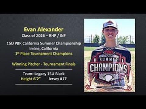 Video of Evan Alexander, Tournament champion pitcher, 15U PBR 