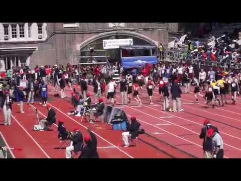 Video of Larry Perez '14 Penn  Relays 4x400M Anchor, Maroon Jersey and Black Shorts, Green Spikes and Black Glasses (5th place to 3rd)