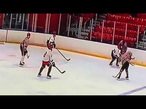 Video of Parker #23 pokes the puck away from player and gets shot off 