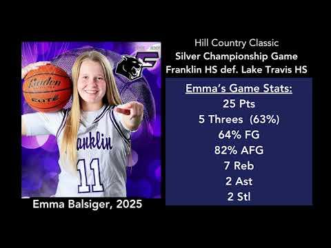 Video of Emma Balsiger '25 - (#11 Black) Highlights vs Lake Travis (11-18-23) Game Stats:   25 PTS (5 Threes - 63%),  7 RBD, 2 AST, 2 STL, 64% FG, 82% AFG
