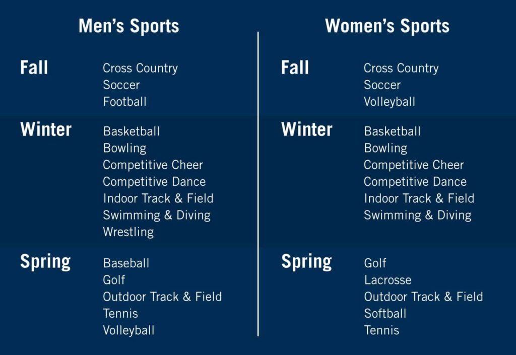 list of all the men’s and women’s sports offered at NAIA institutions